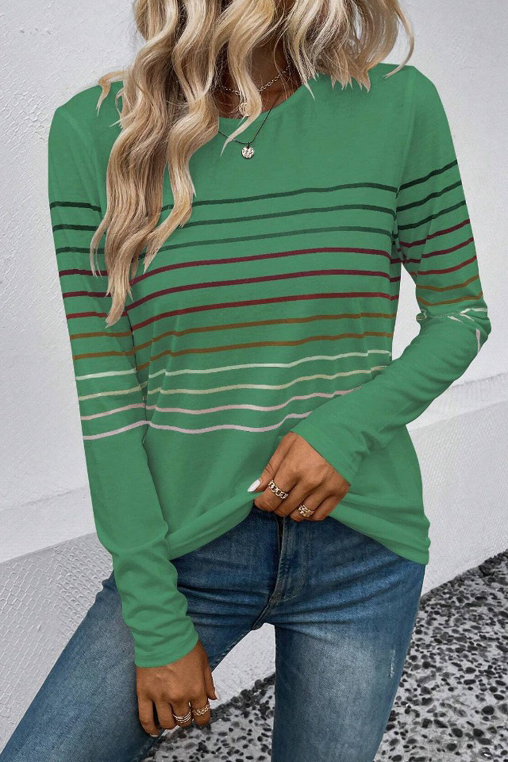 Striped Round Neck Long Sleeve T-Shirt **also in black, green, teal, grey, and burgundy