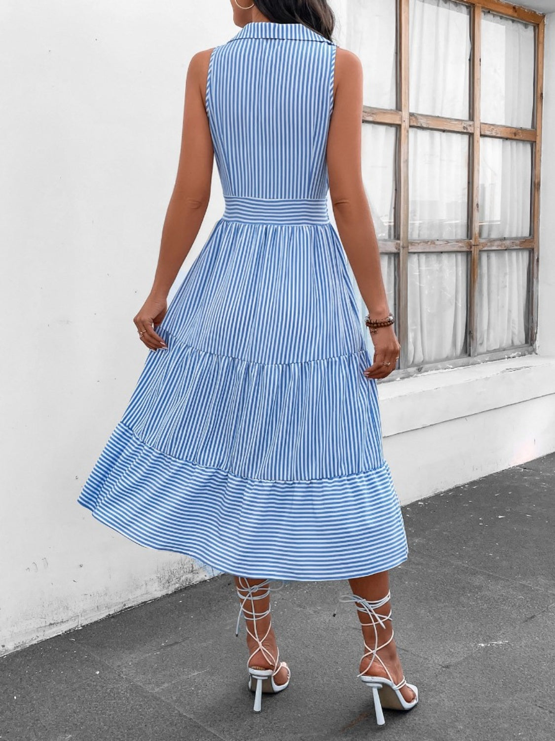 Striped Johnny Collar Sleeveless Midi Dress **also in misty blue, pink, yellow, mauve, dusty blue, lavender