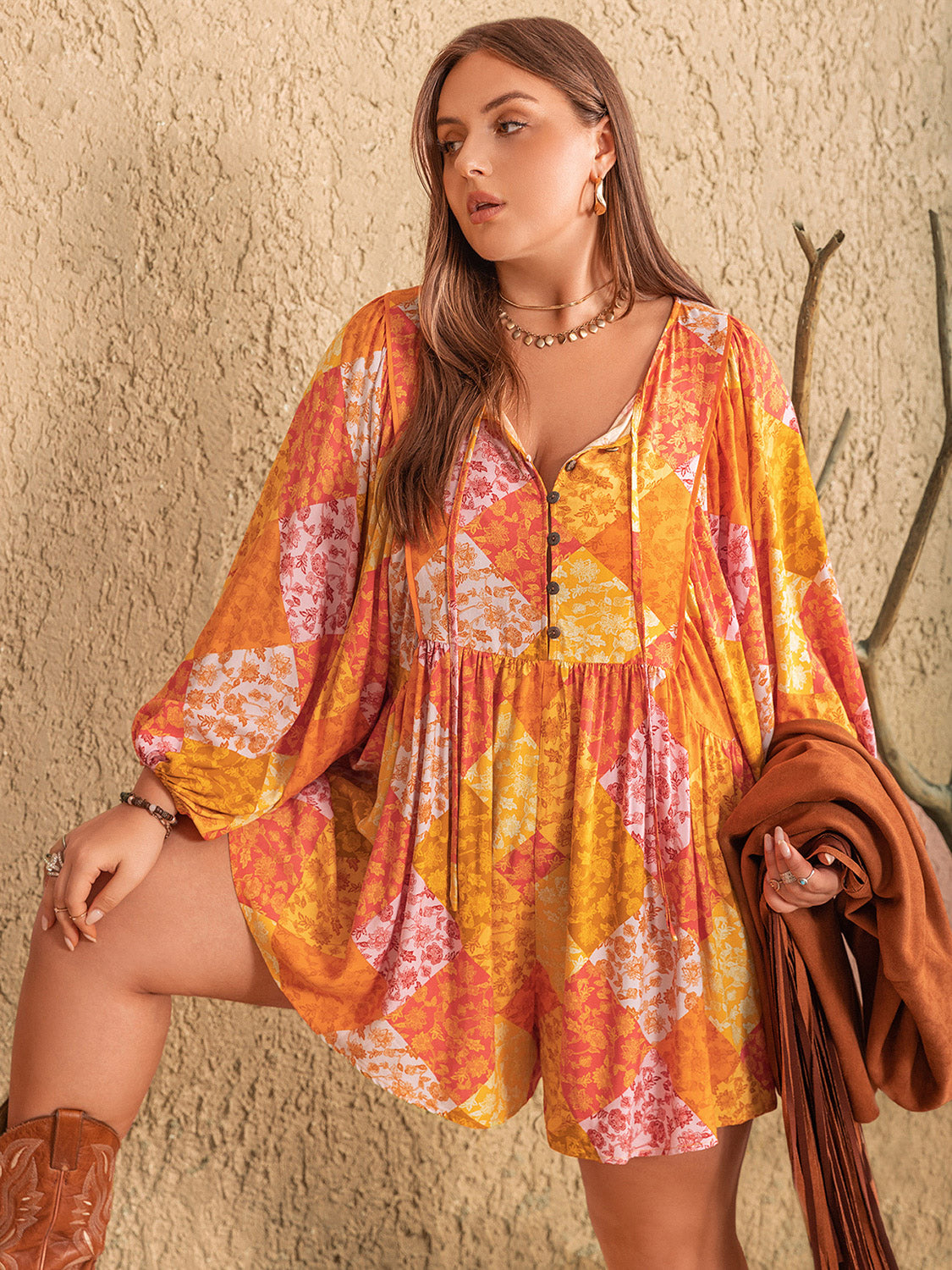 Plus Size Floral Tie Neck Balloon Sleeve Romper **also in pumpkin and pastel blue