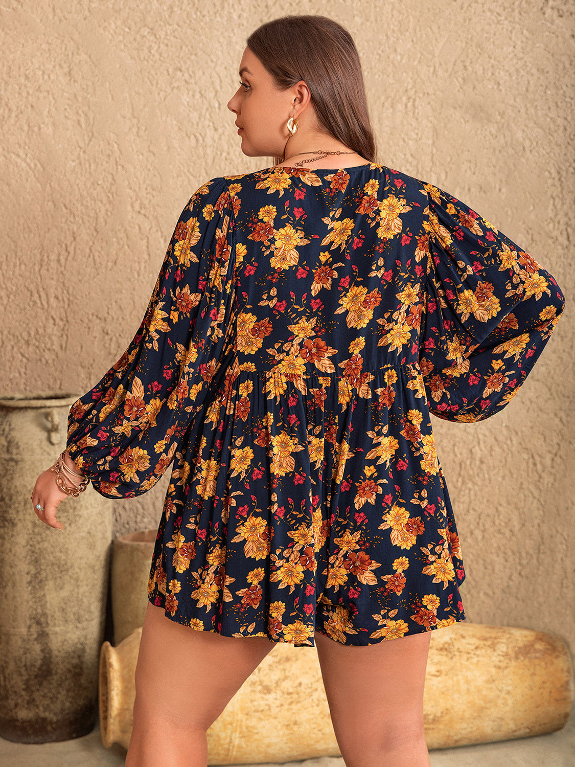 Plus Size Floral Tie Neck Balloon Sleeve Romper **also in pumpkin and pastel blue