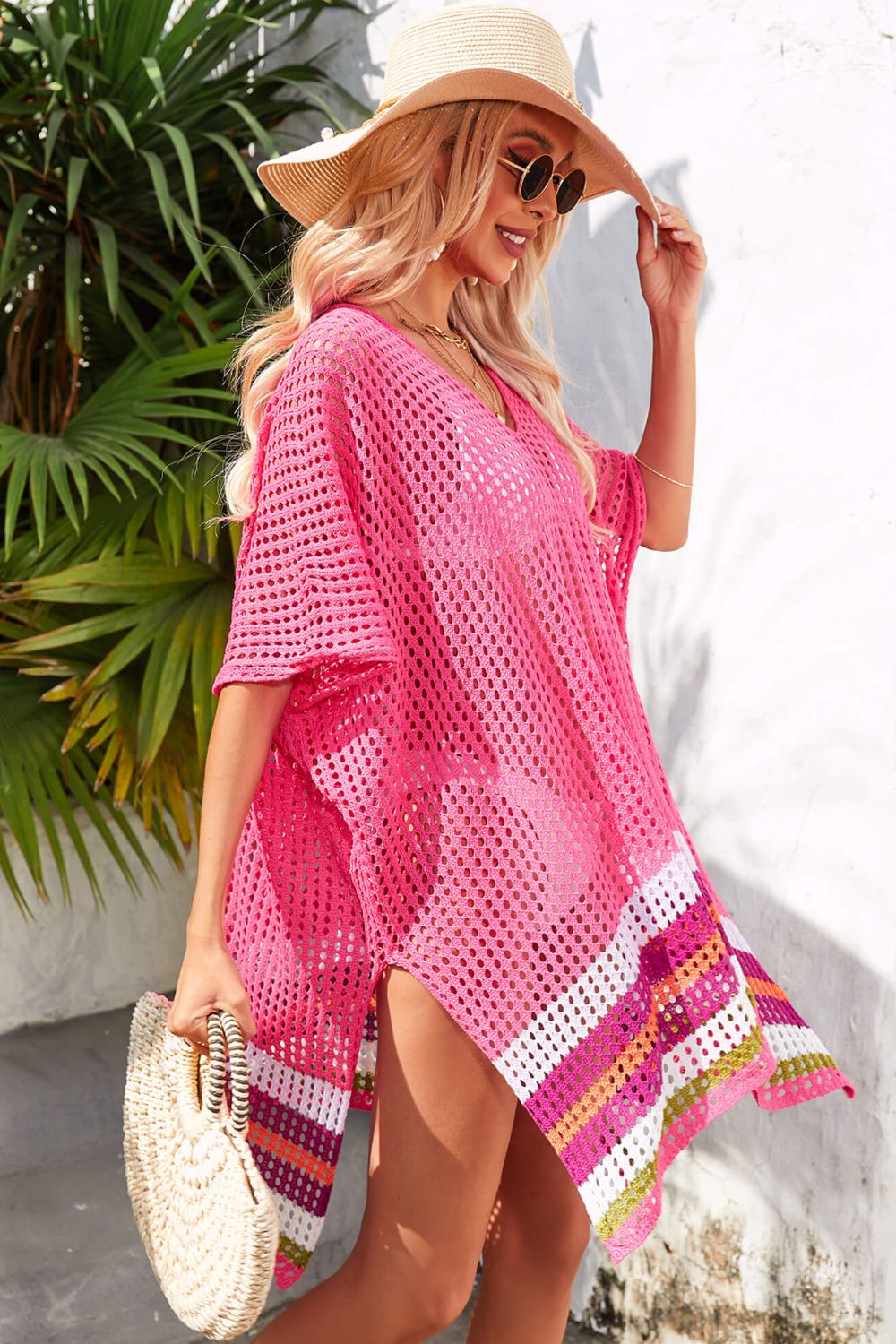 Rainbow Stripe Openwork Slit Cover-Up **also available in black or pink