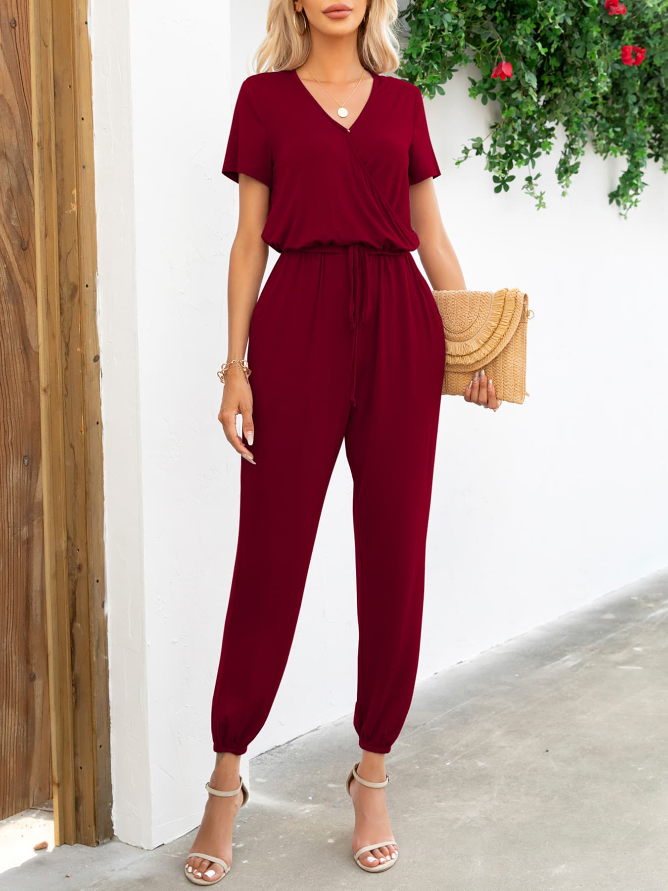 Short Sleeve V-Neck Jumpsuit with Pockets **also in deep red, navy, green, cobalt, and khaki