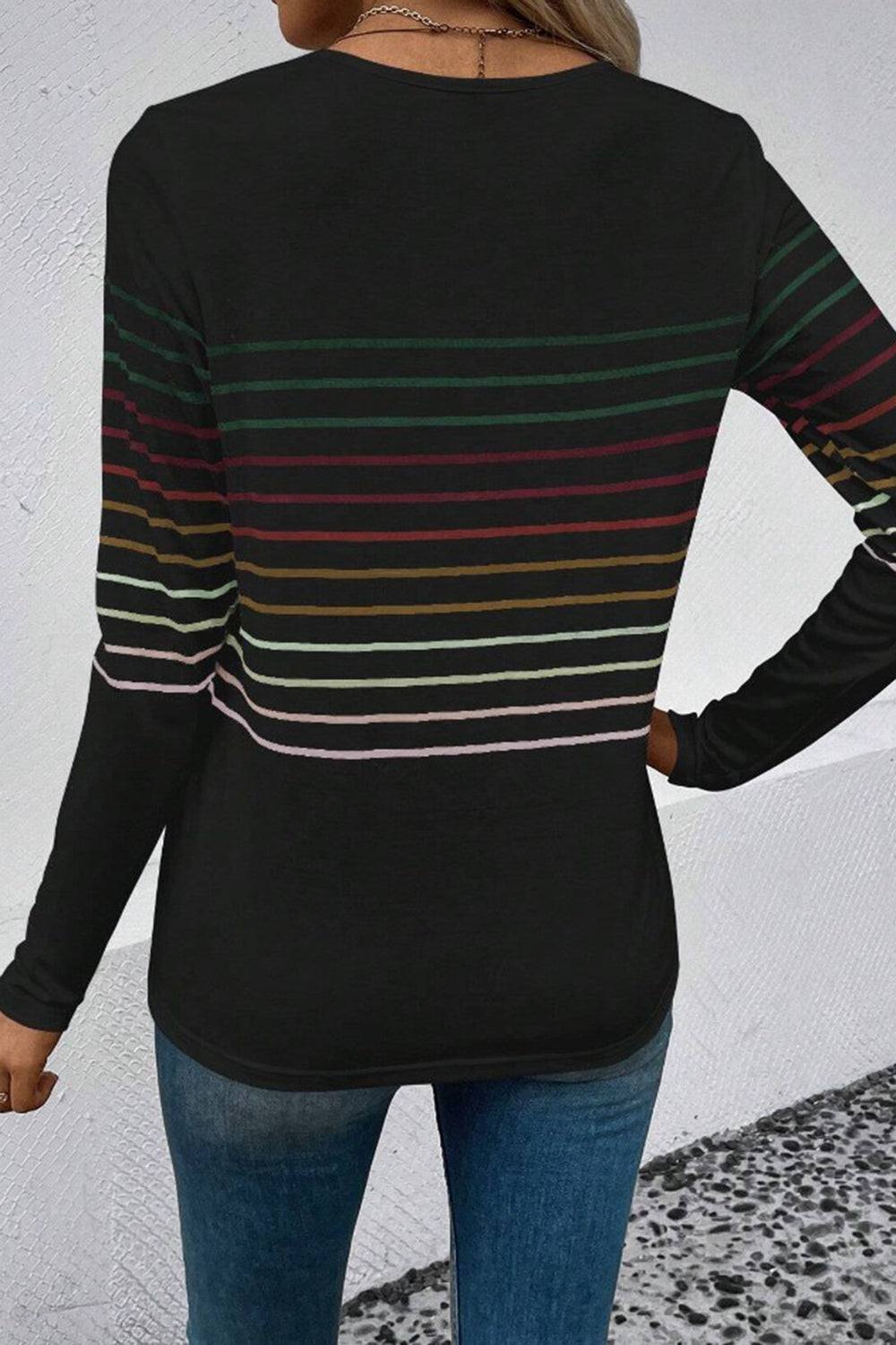 Striped Round Neck Long Sleeve T-Shirt **also in black, green, teal, grey, and burgundy