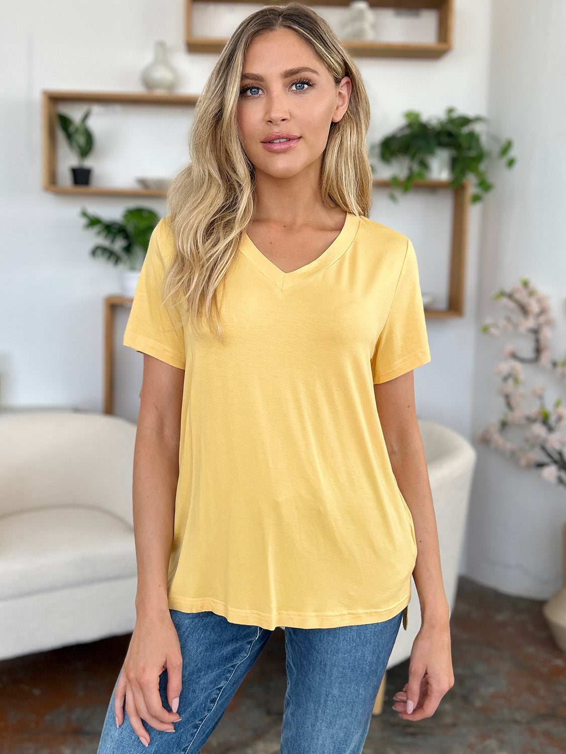 Basic Bae Bamboo Full Size V-Neck High-Low T-Shirt **also in coral, black, white, and lavendar