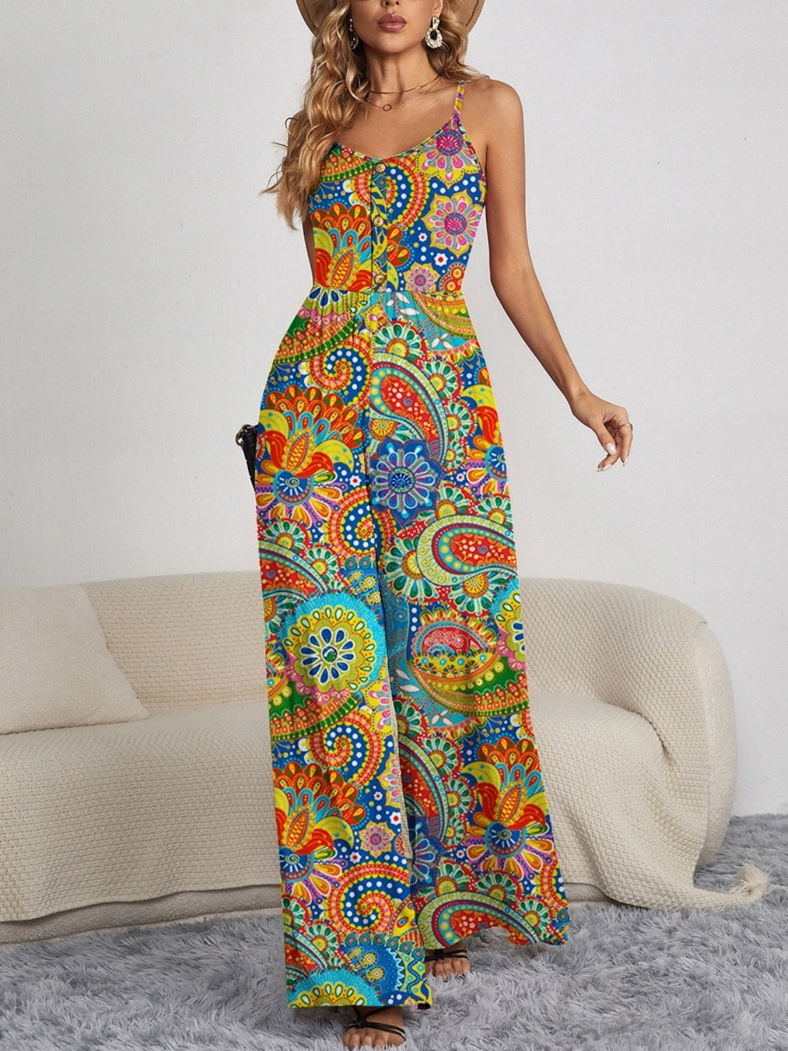 Floral Print Decorative Button Spaghetti Strap Wide Leg Jumpsuit