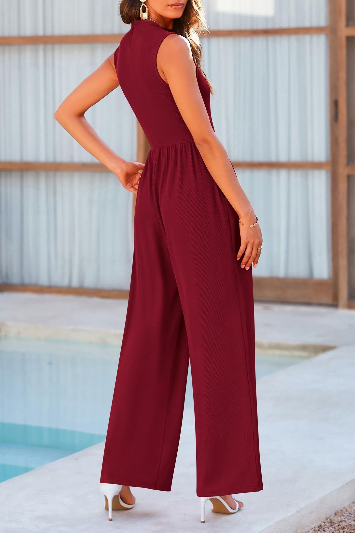 Mock Neck Sleeveless Wide Leg Jumpsuit **also in tan, dark green, black, matcha, and burgundy