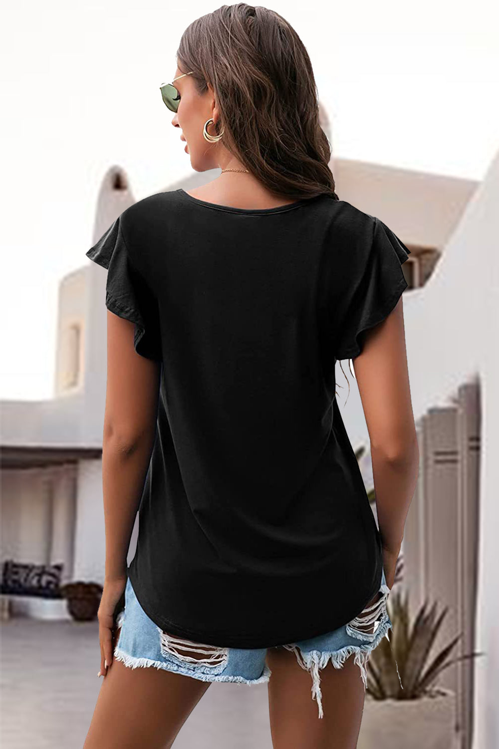 Ruffled Round Neck Cap Sleeve Tee **available in 12 colors