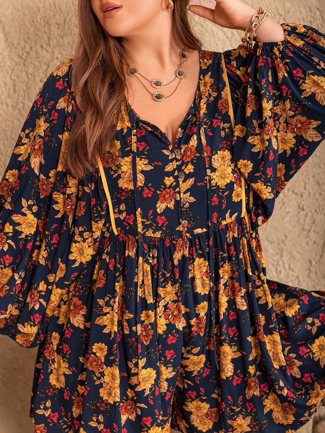 Plus Size Floral Tie Neck Balloon Sleeve Romper **also in pumpkin and pastel blue