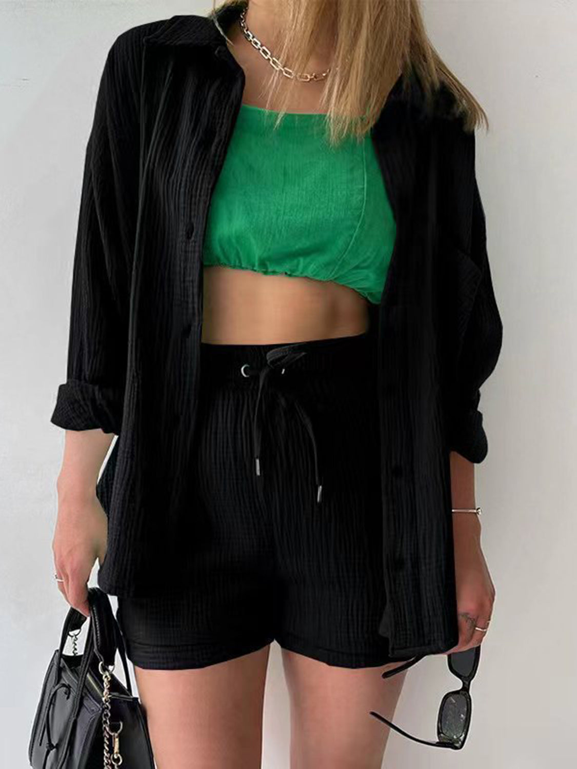 Texture Button Up Shirt and Drawstring Shorts Set **available in 11 colors