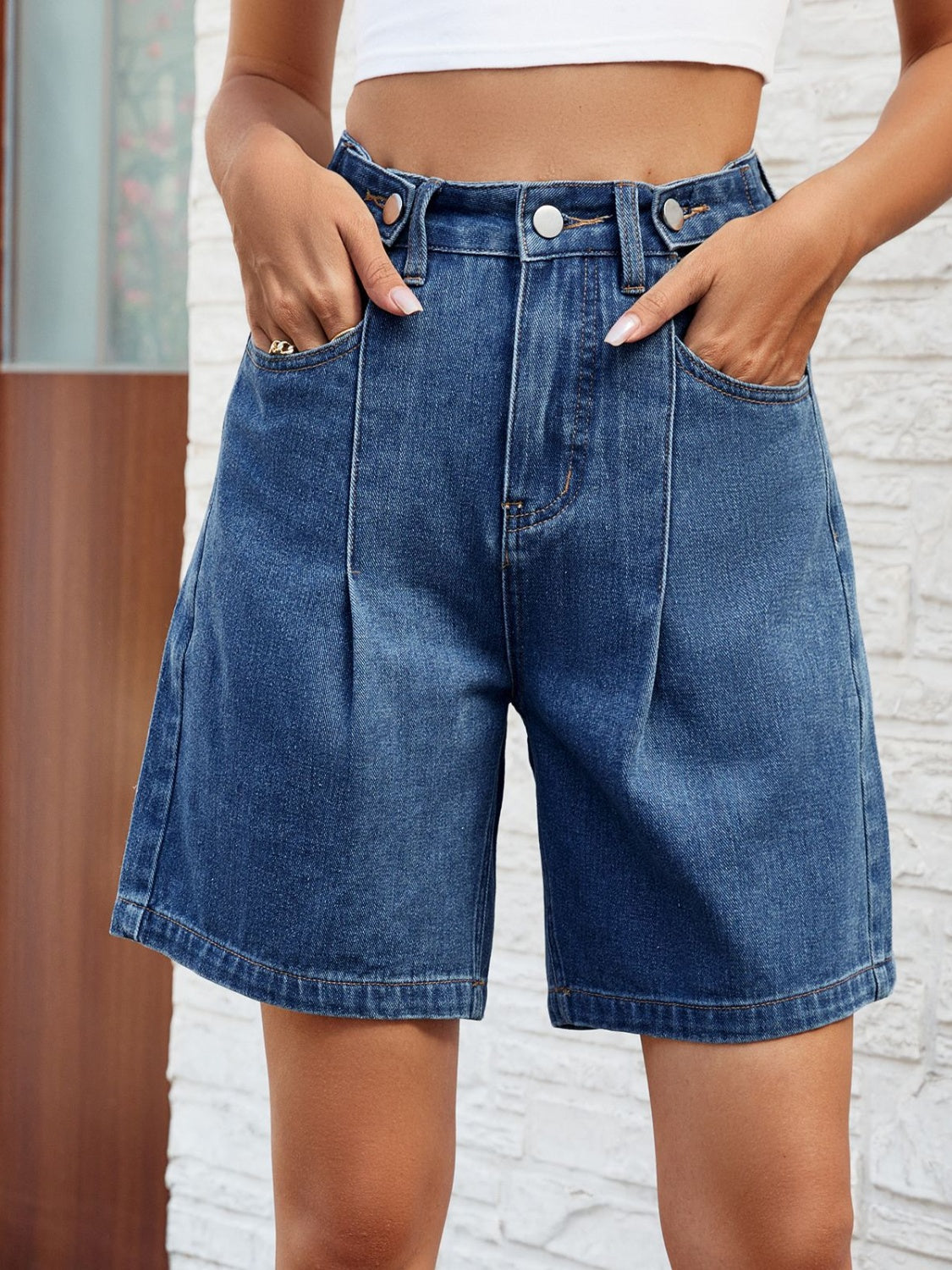 High Waist Denim Shorts with Pockets **available in light or medium denim