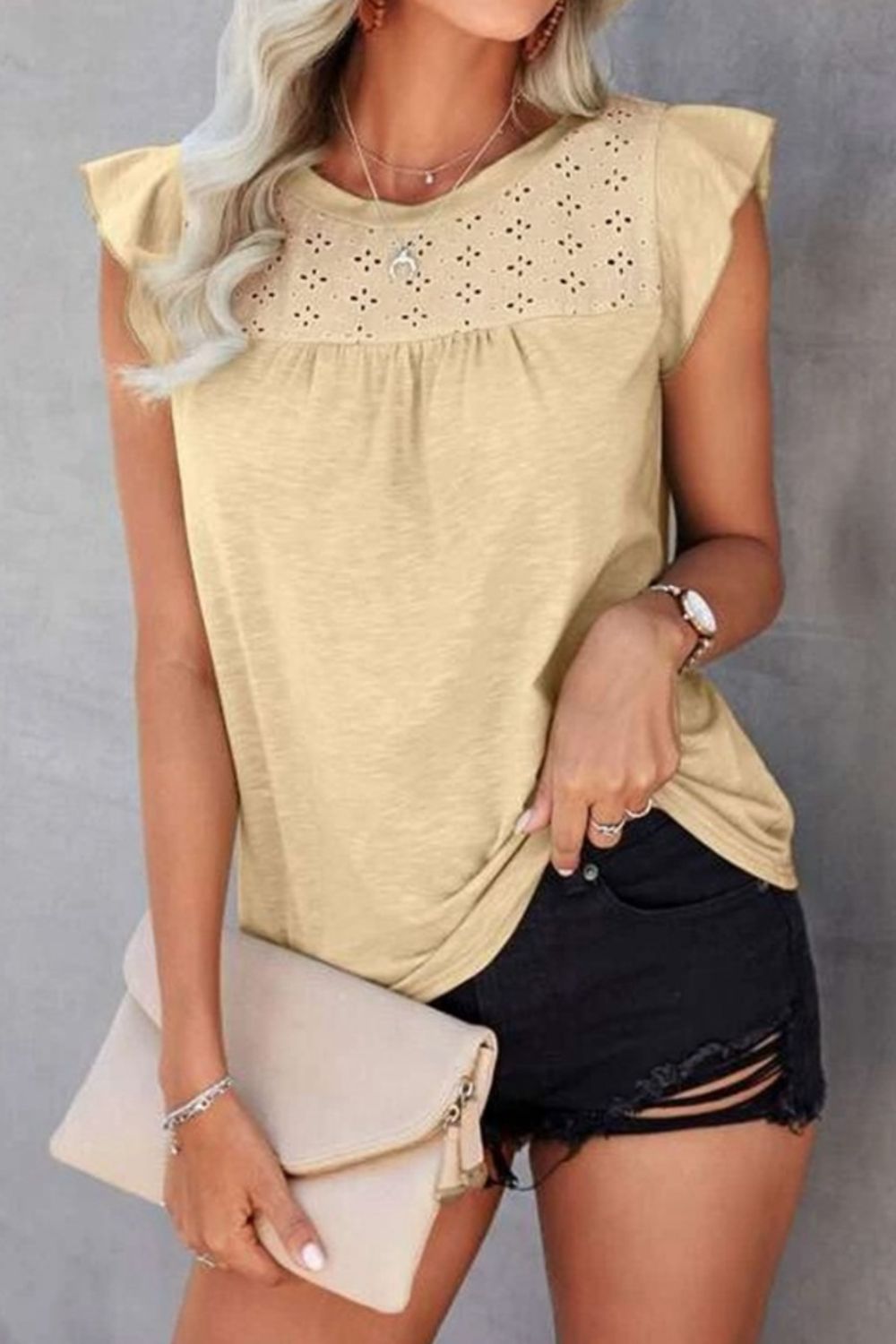 Ruffled Round Neck Cap Sleeve T-Shirt **also in white, black, yellow, blue, and moss