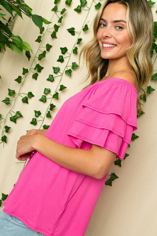 PLUS OFF SHOULDER TIERED RUFFLE TOP **also in hot pink, heather, ivory, and mint