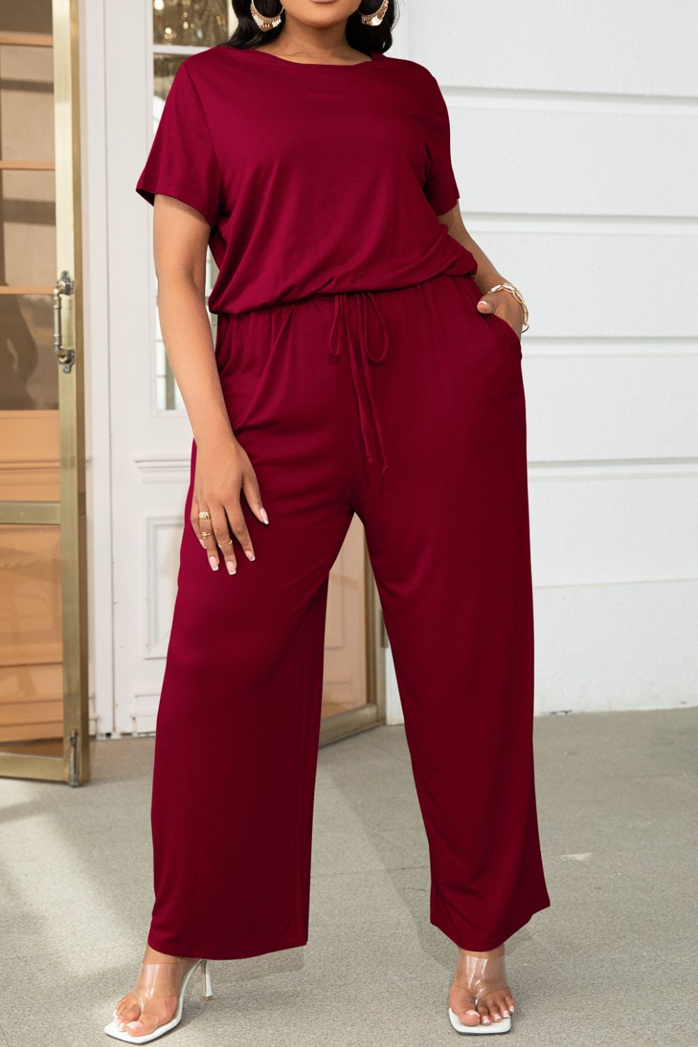 Plus Size Drawstring Waist Short Sleeve Jumpsuit **also in forest, wine, moss, and tan