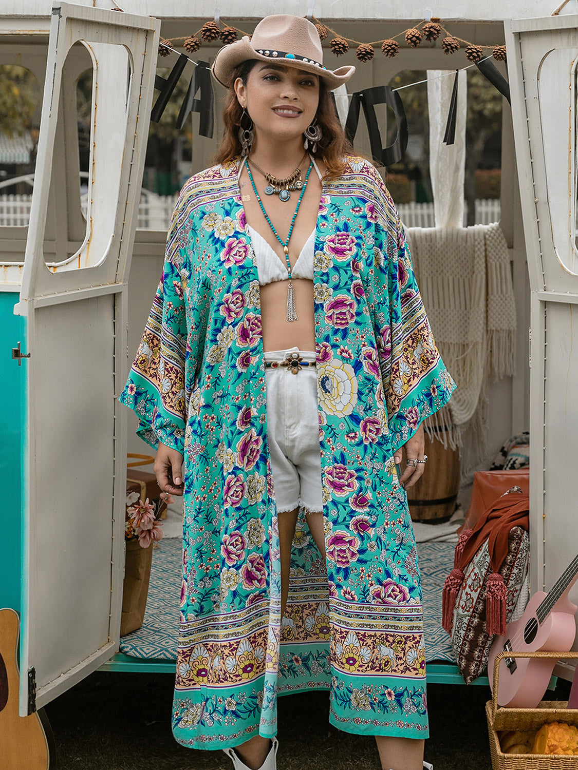 Double Take Plus Size Printed Open Front Longline Kimono **also in yellow and hot pink