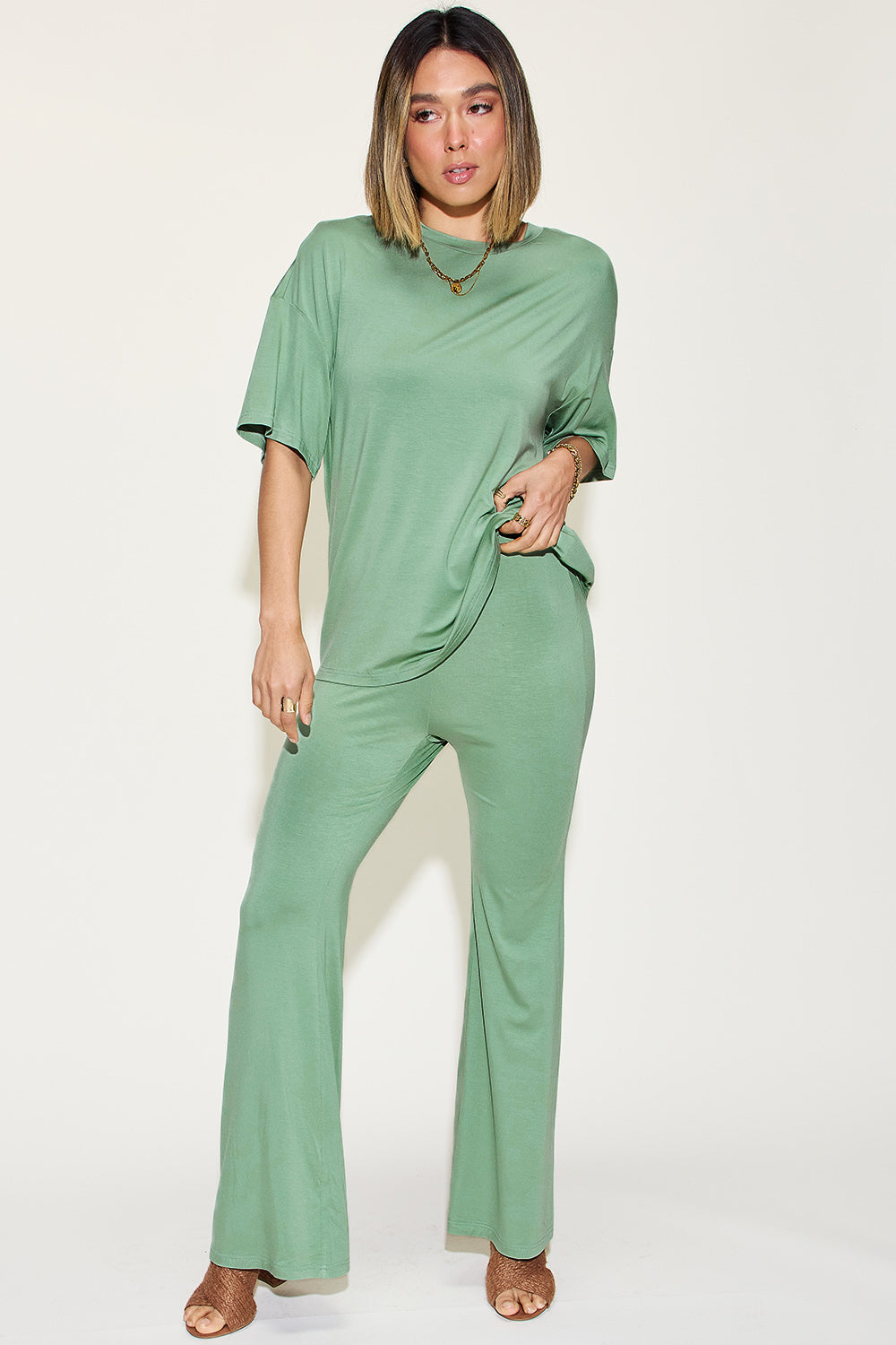 Basic Bae Full Size Bamboo Drop Shoulder T-Shirt and Flare Pants Set **also in sage, coral, and chocolate