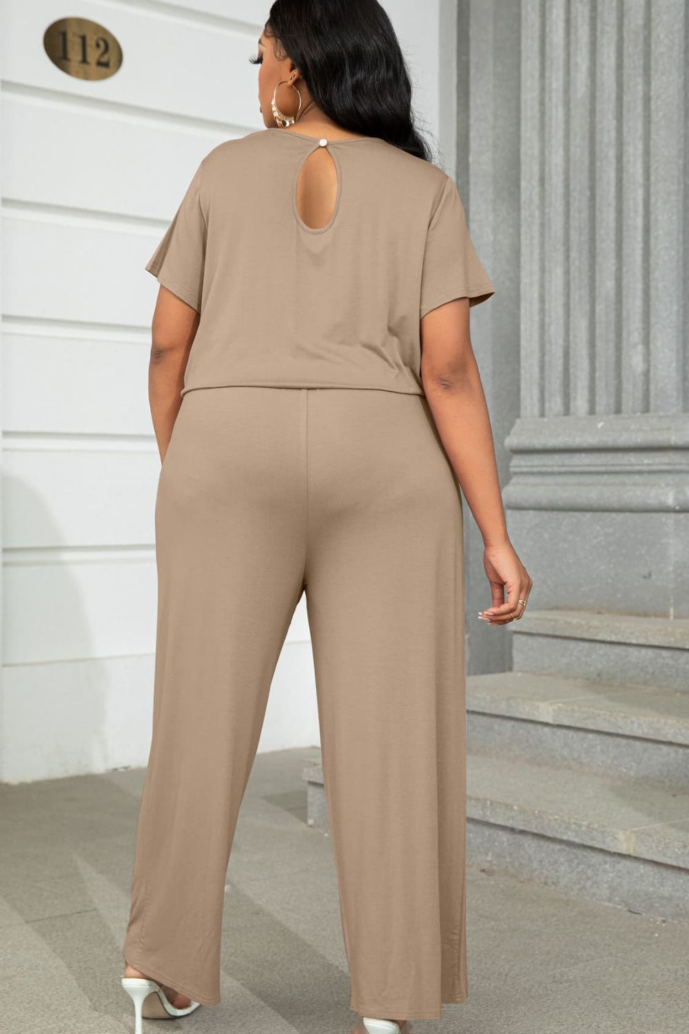 Plus Size Drawstring Waist Short Sleeve Jumpsuit **also in forest, wine, moss, and tan