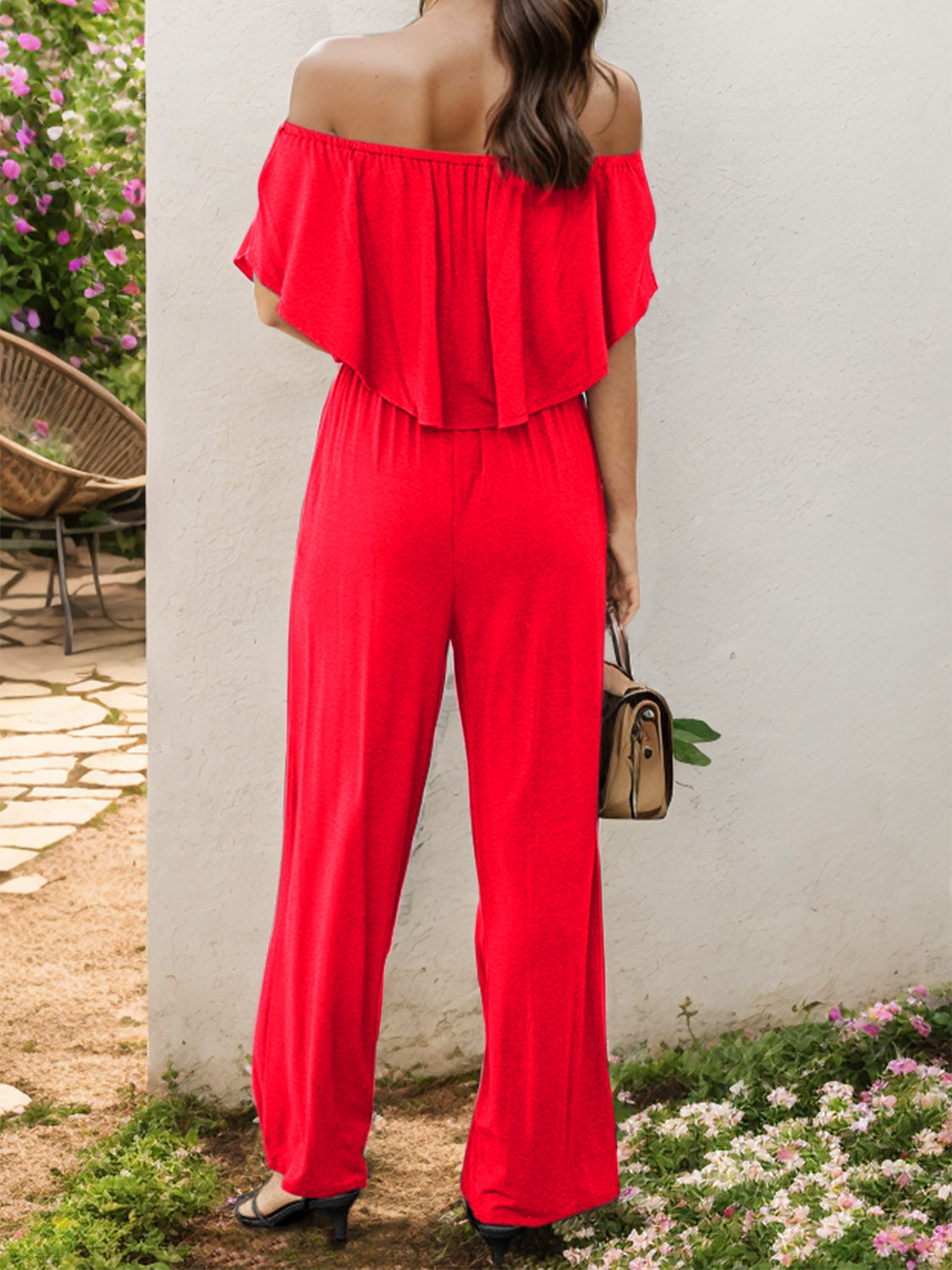 Off-Shoulder Wide Leg Jumpsuit with Pockets