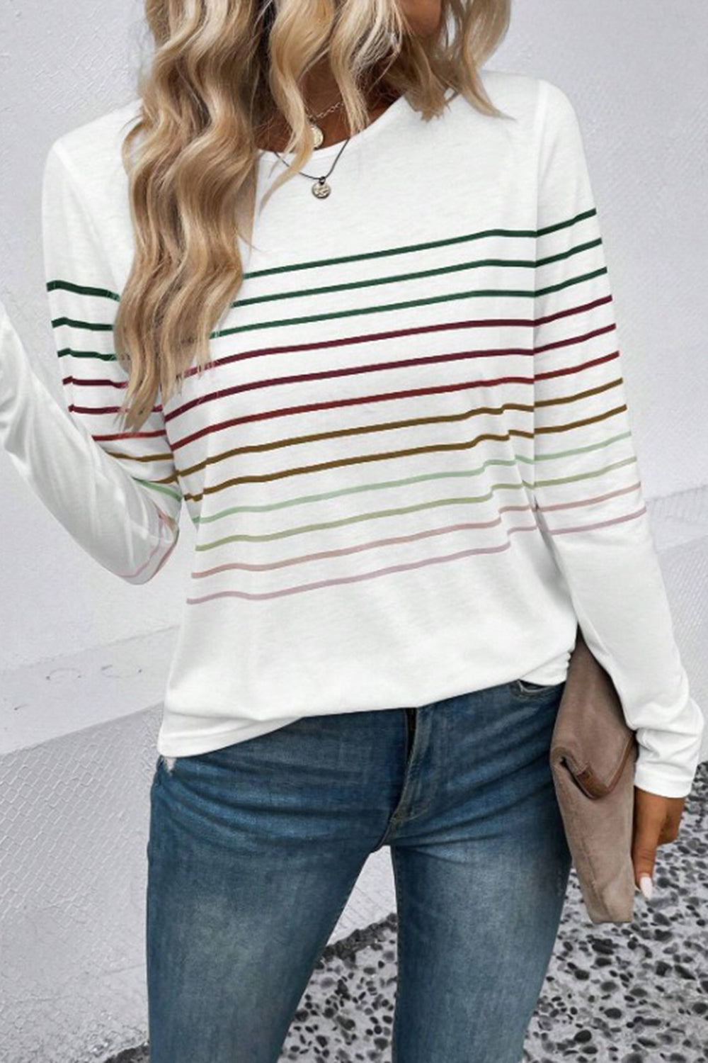 Striped Round Neck Long Sleeve T-Shirt **also in black, green, teal, grey, and burgundy