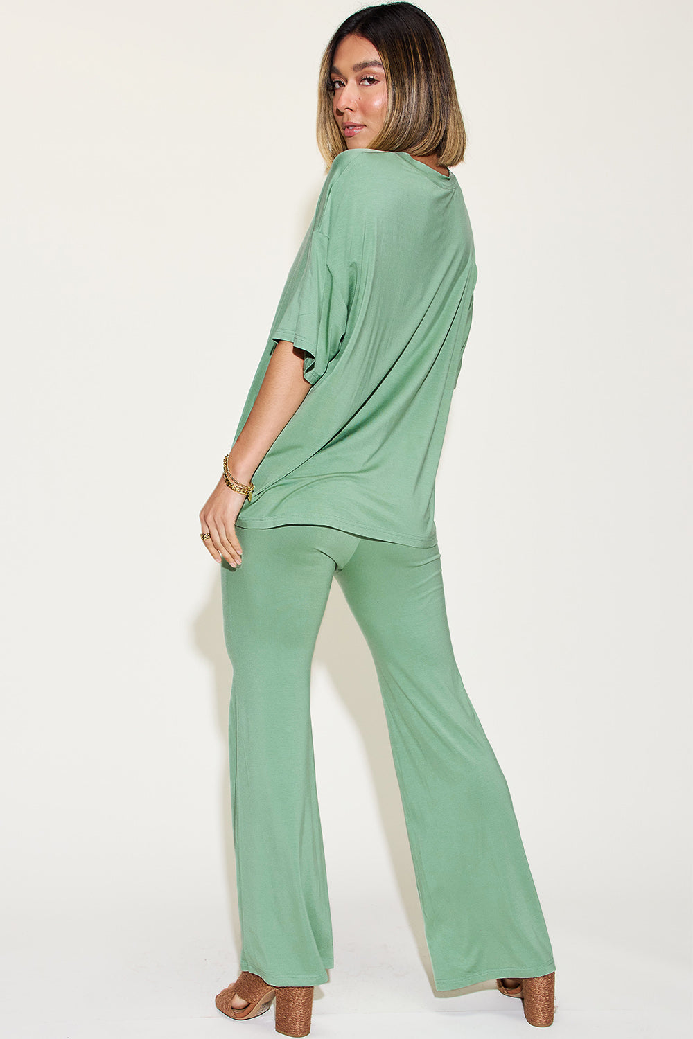 Basic Bae Full Size Bamboo Drop Shoulder T-Shirt and Flare Pants Set **also in sage, coral, and chocolate