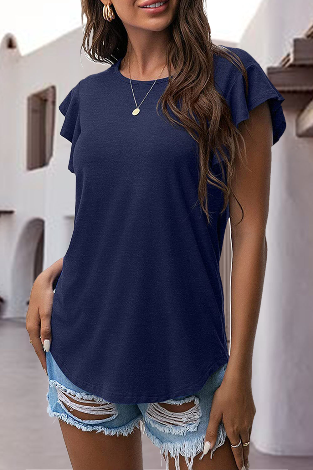 Ruffled Round Neck Cap Sleeve Tee **available in 12 colors