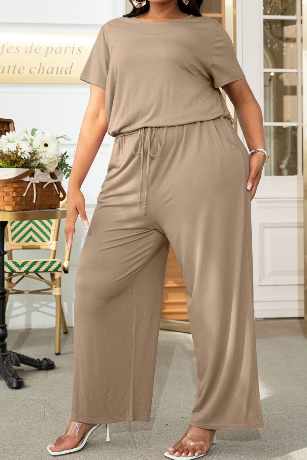 Plus Size Drawstring Waist Short Sleeve Jumpsuit **also in forest, wine, moss, and tan