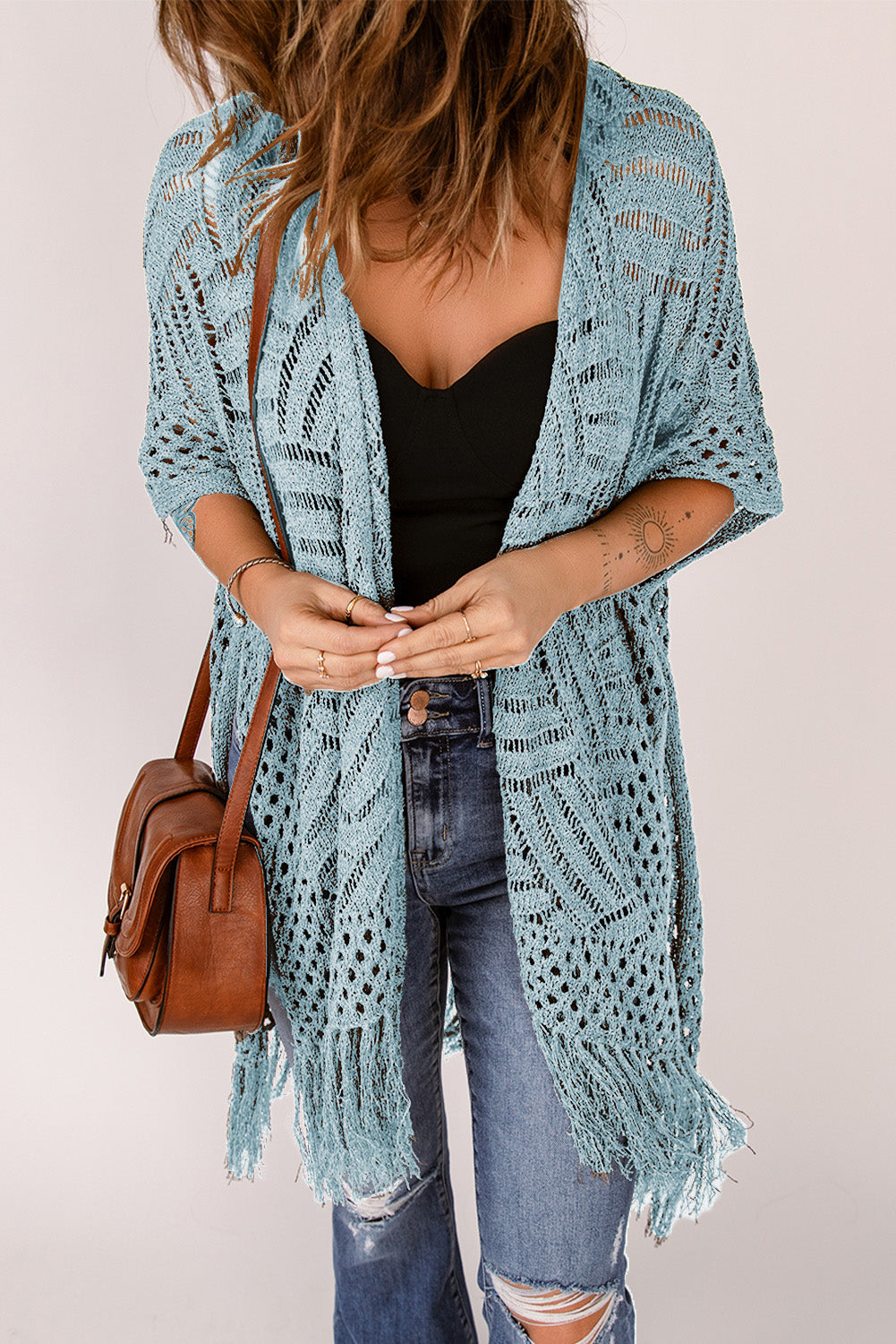 SYNZ Openwork Open Front Cardigan with Fringes **also in light or dark blue, lavender, and dark green