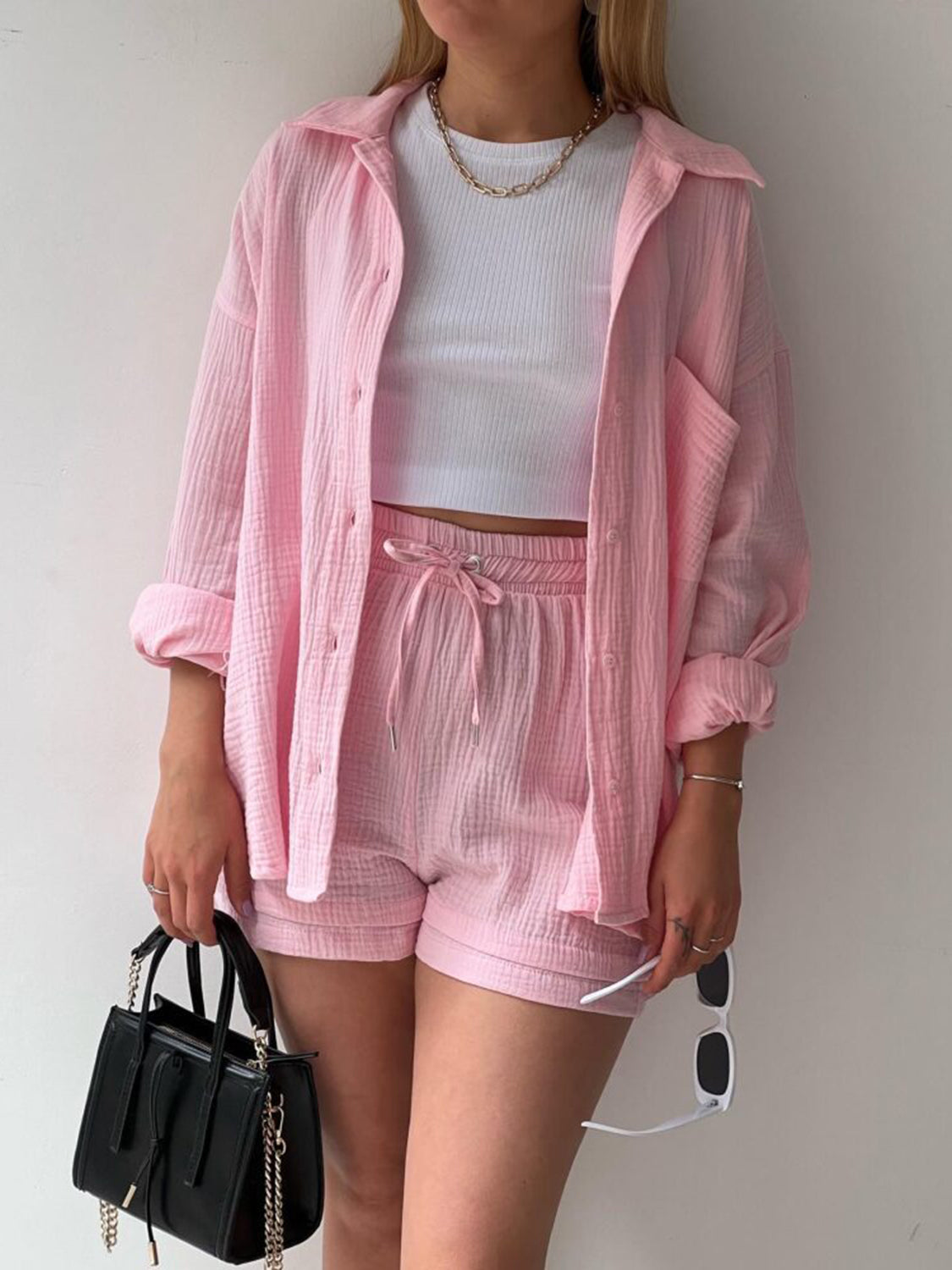 Texture Button Up Shirt and Drawstring Shorts Set **available in 11 colors