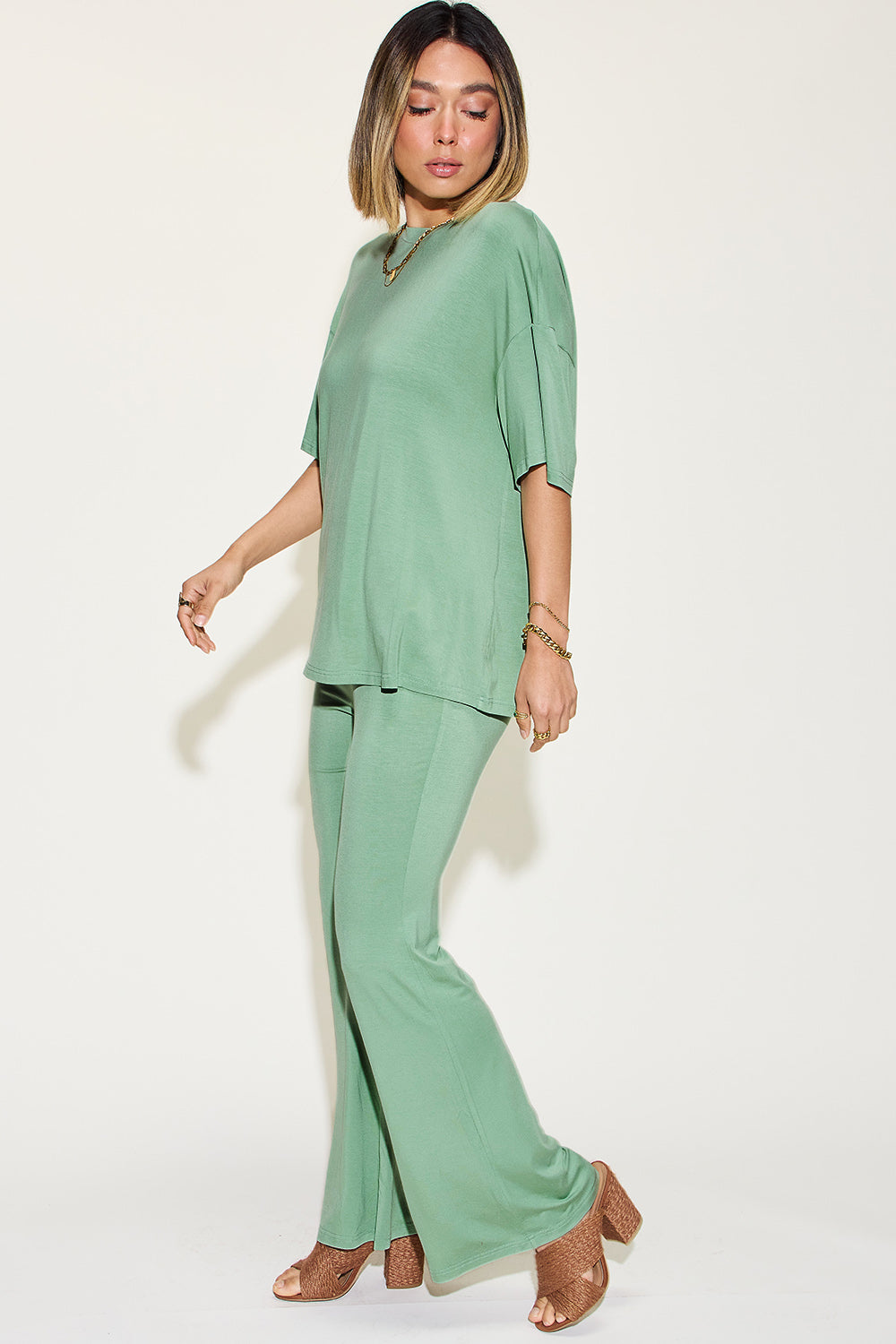 Basic Bae Full Size Bamboo Drop Shoulder T-Shirt and Flare Pants Set **also in sage, coral, and chocolate