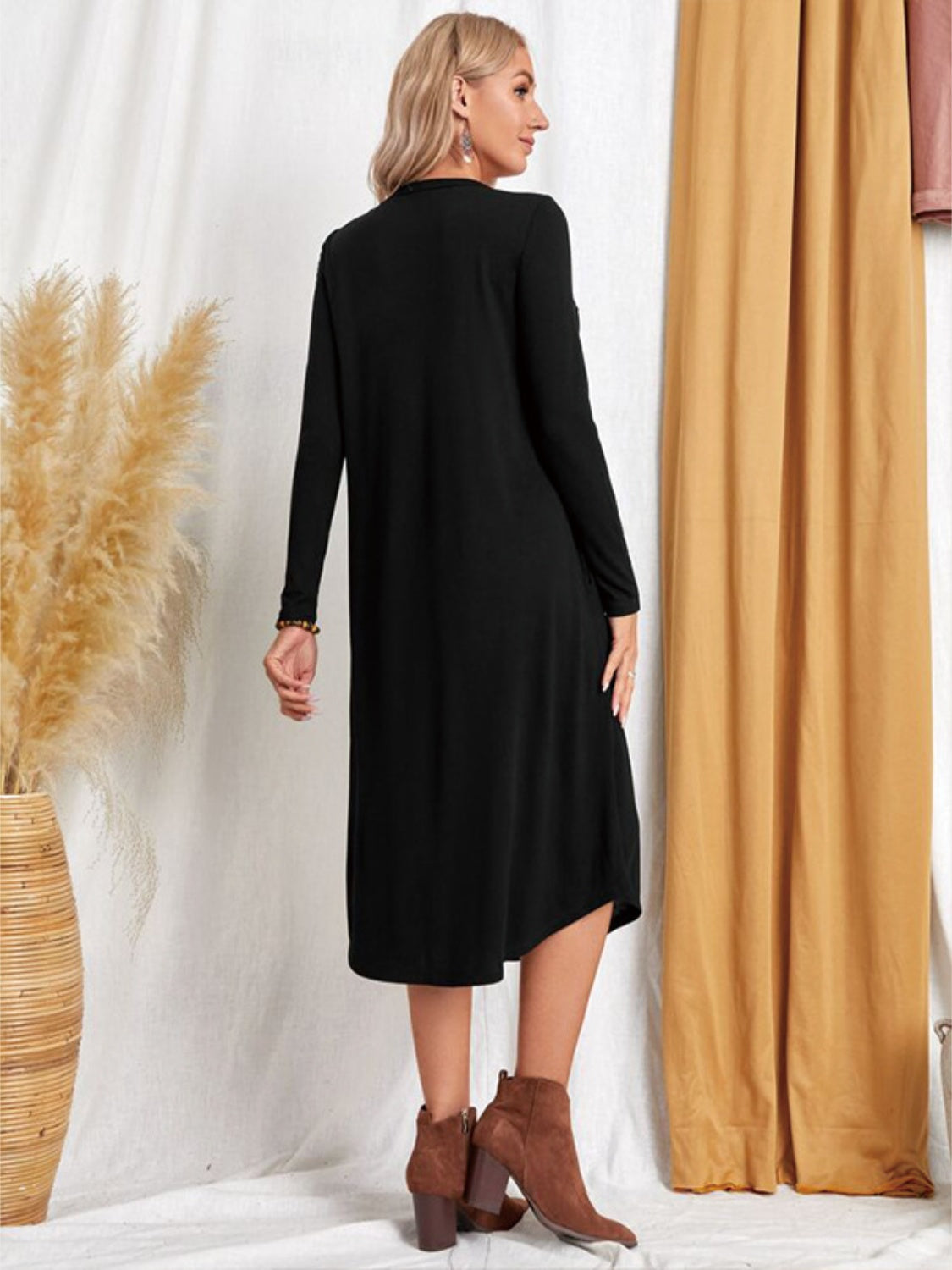 Pocketed Round Neck Long Sleeve Tee Dress **also in grey, black, burgundy, yellow green, and dusty blue