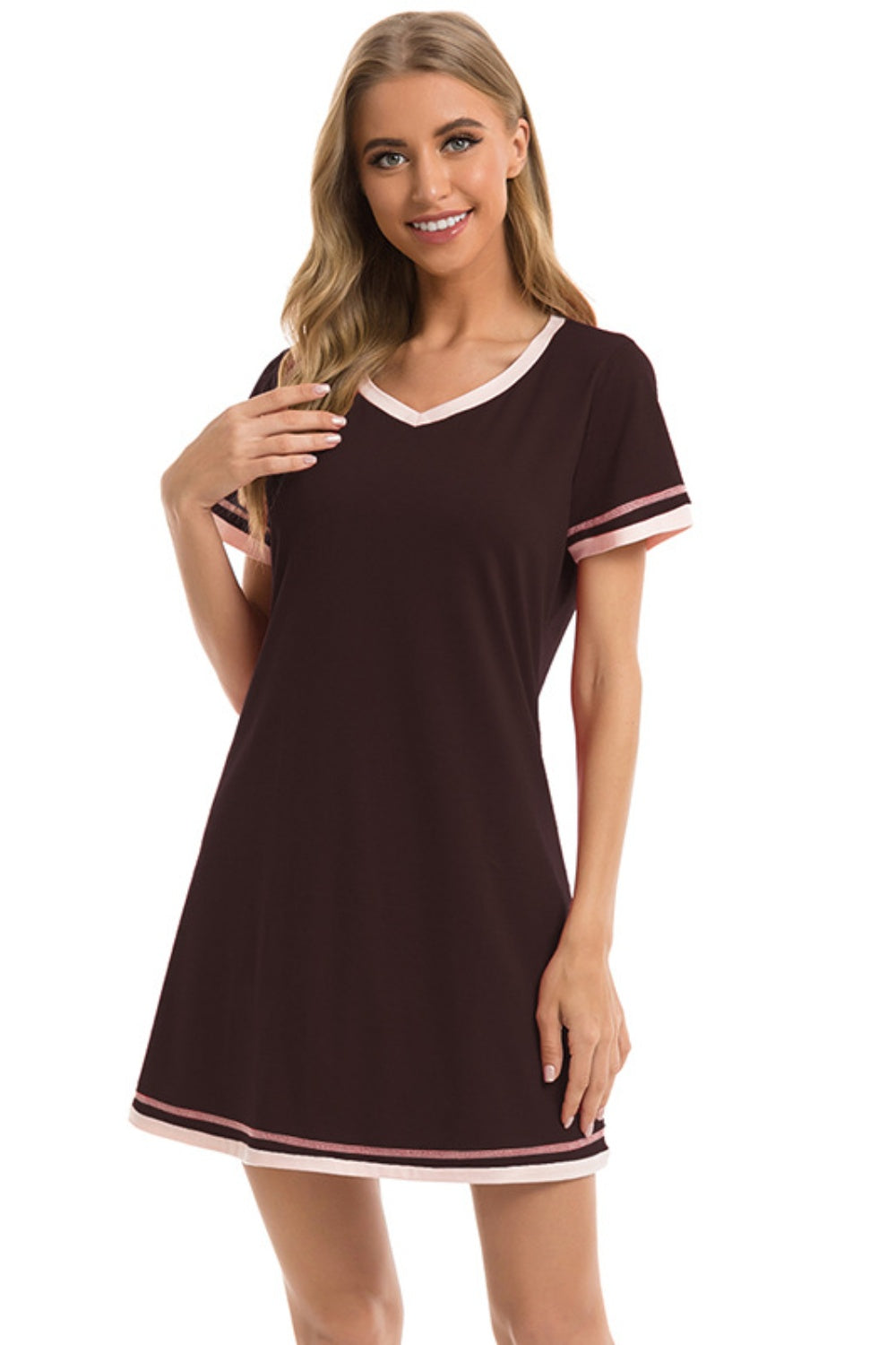 Contrast Trim Short Sleeve Lounge Dress **available in 11 colors