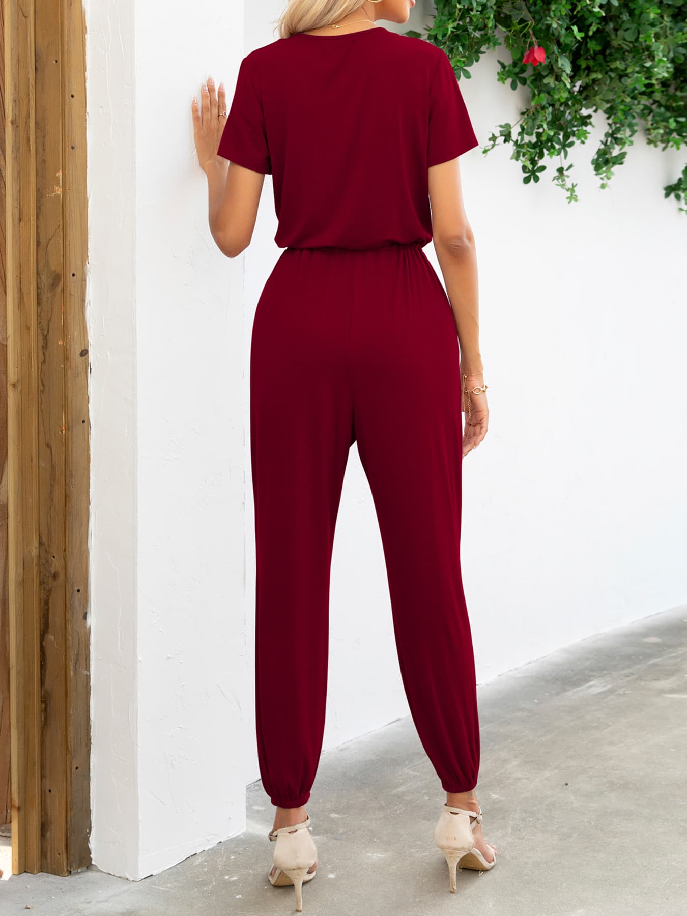 Short Sleeve V-Neck Jumpsuit with Pockets **also in deep red, navy, green, cobalt, and khaki