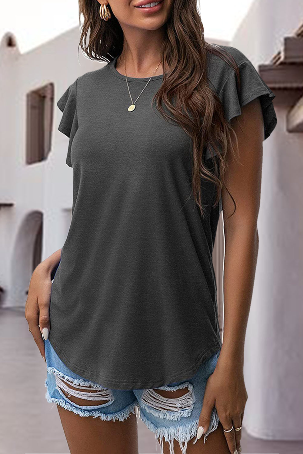 Ruffled Round Neck Cap Sleeve Tee **available in 12 colors