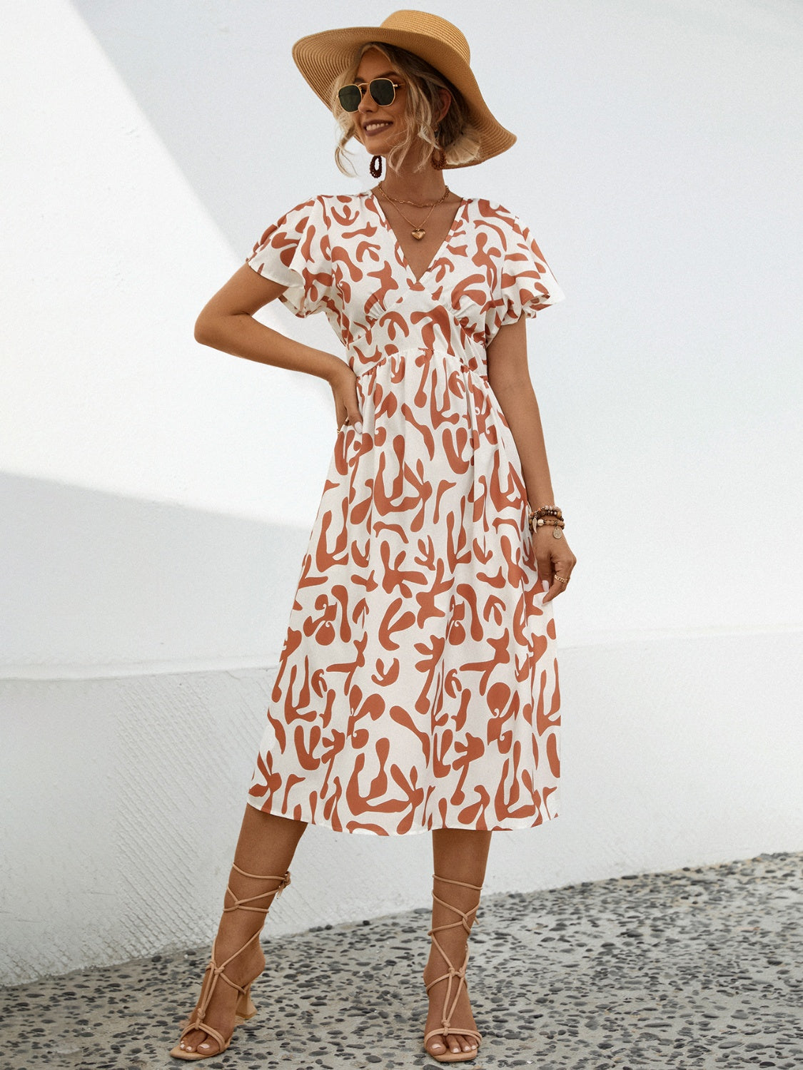 Printed V-Neck Short Sleeve Dress **also available in tangerine and green