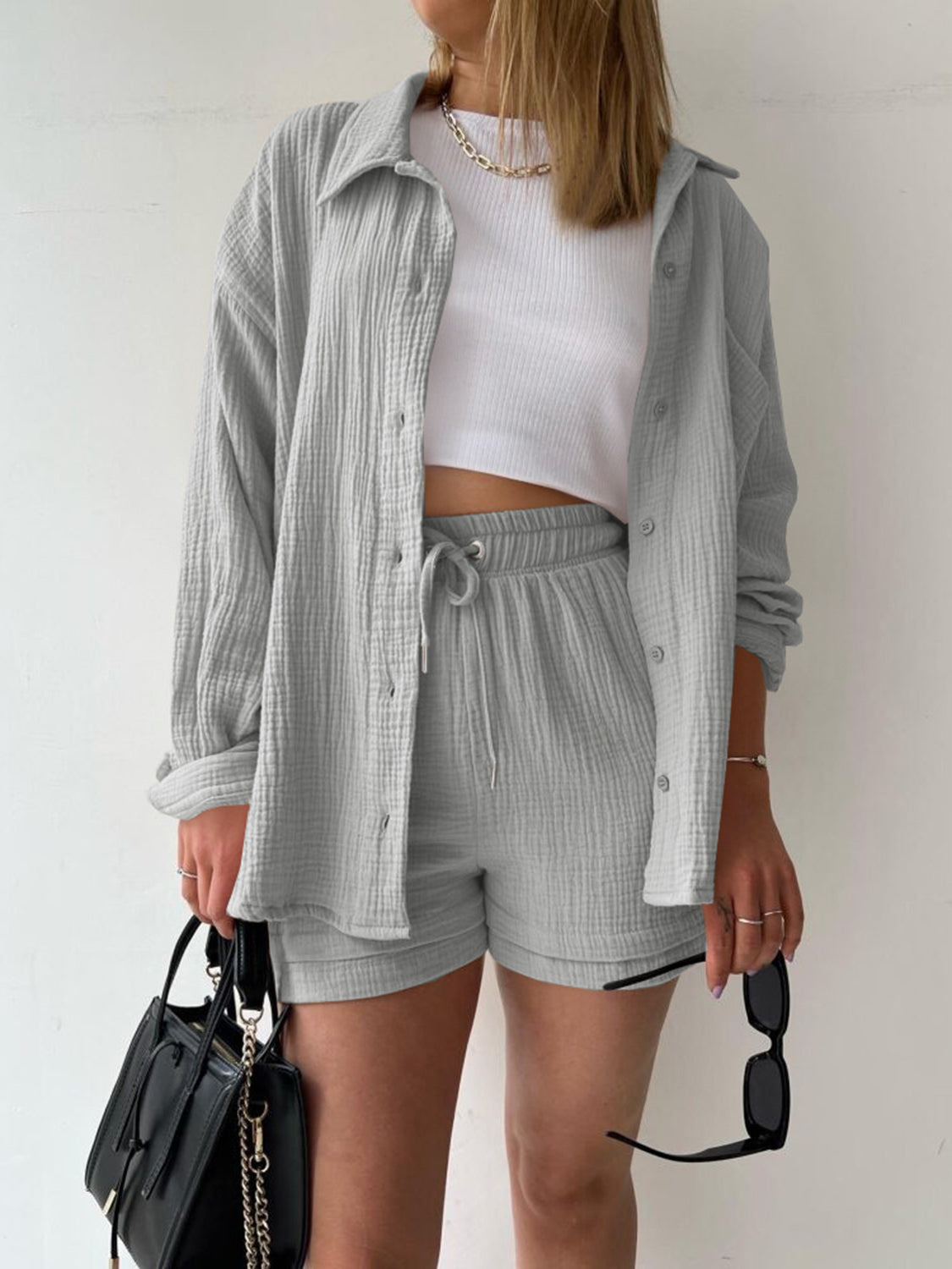 Texture Button Up Shirt and Drawstring Shorts Set **available in 11 colors