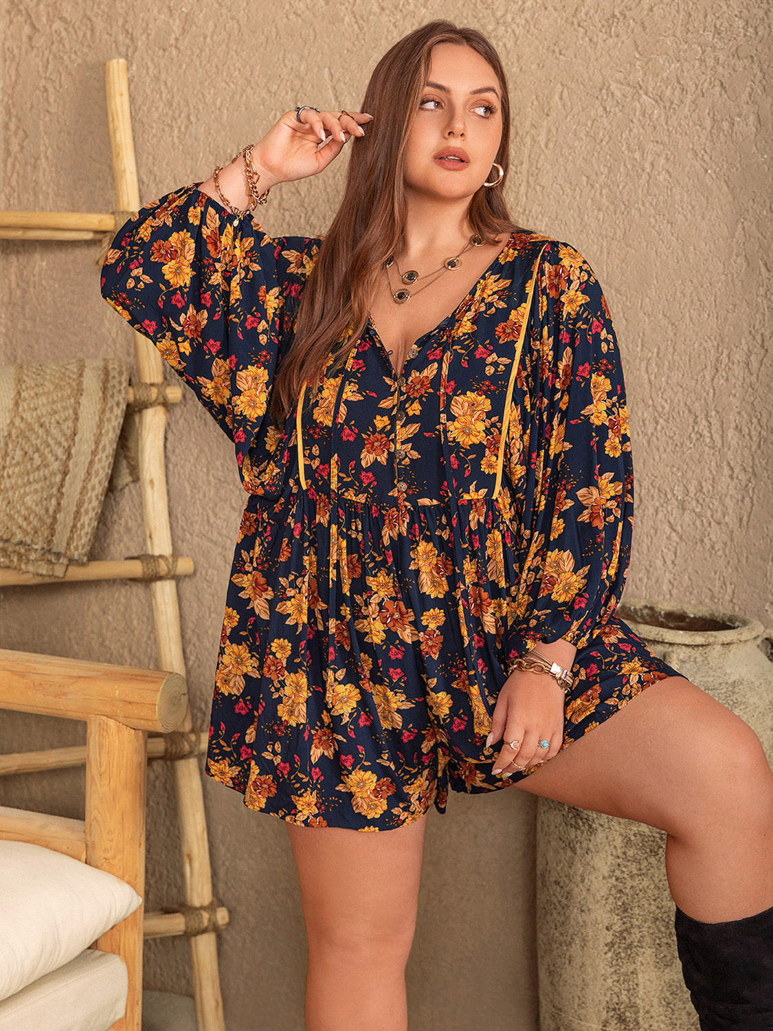 Plus Size Floral Tie Neck Balloon Sleeve Romper **also in pumpkin and pastel blue