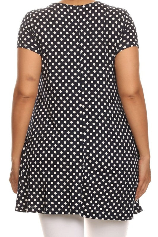 Moa Collection Plus Size Polka Dot Print Short Sleeve Top with Pockets **also in white, black, red, and navy