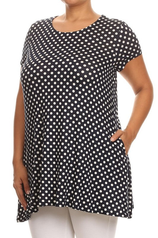 Moa Collection Plus Size Polka Dot Print Short Sleeve Top with Pockets **also in white, black, red, and navy