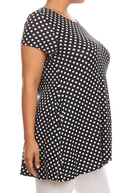 Moa Collection Plus Size Polka Dot Print Short Sleeve Top with Pockets **also in white, black, red, and navy