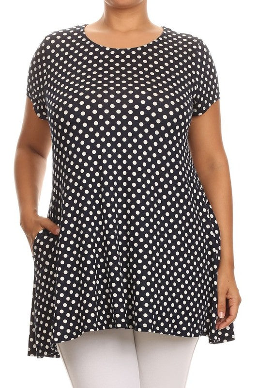 Moa Collection Plus Size Polka Dot Print Short Sleeve Top with Pockets **also in white, black, red, and navy