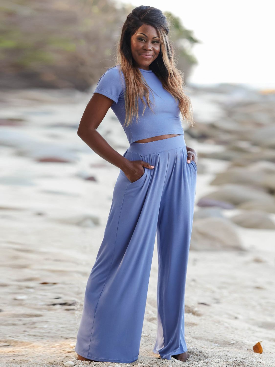 Short Sleeve T-Shirt and Wide Leg Pants Set **also available in light blue and tan