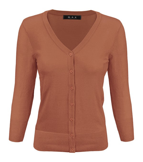 3/4 Sleeve V-Neck Button Down Knit Plus Size Cardigan Sweater **available in 29 colors!