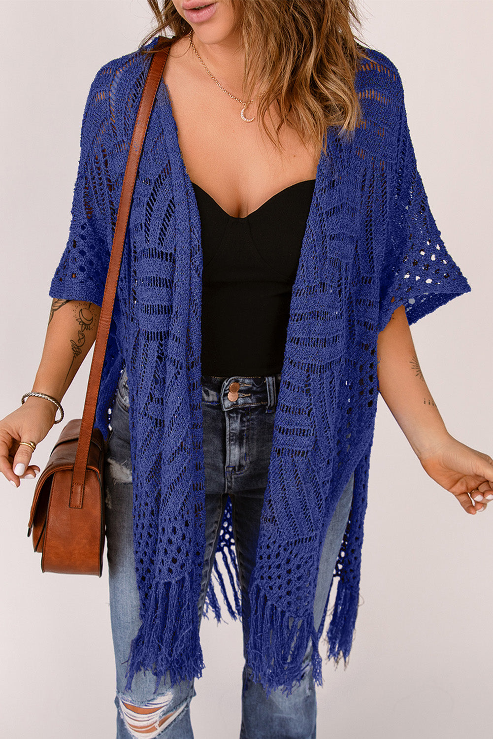 SYNZ Openwork Open Front Cardigan with Fringes **also in light or dark blue, lavender, and dark green