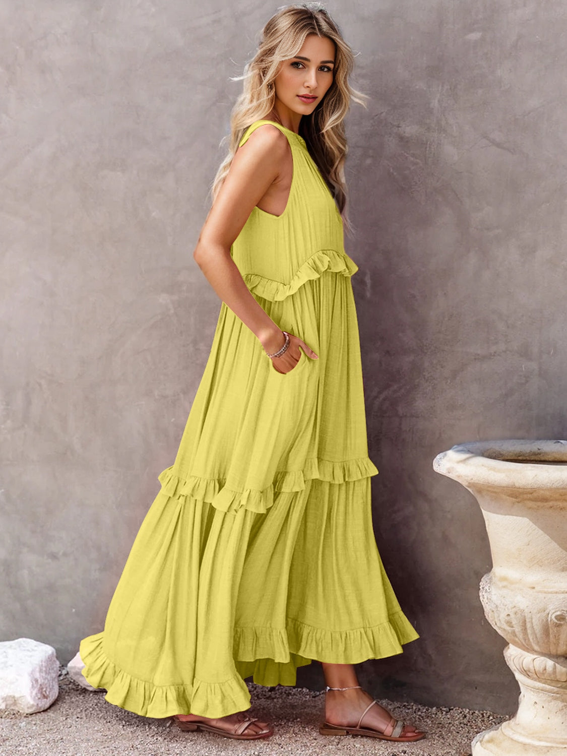 Full Size Ruffled Sleeveless Tiered Maxi Dress with Pockets **available in 8 colors