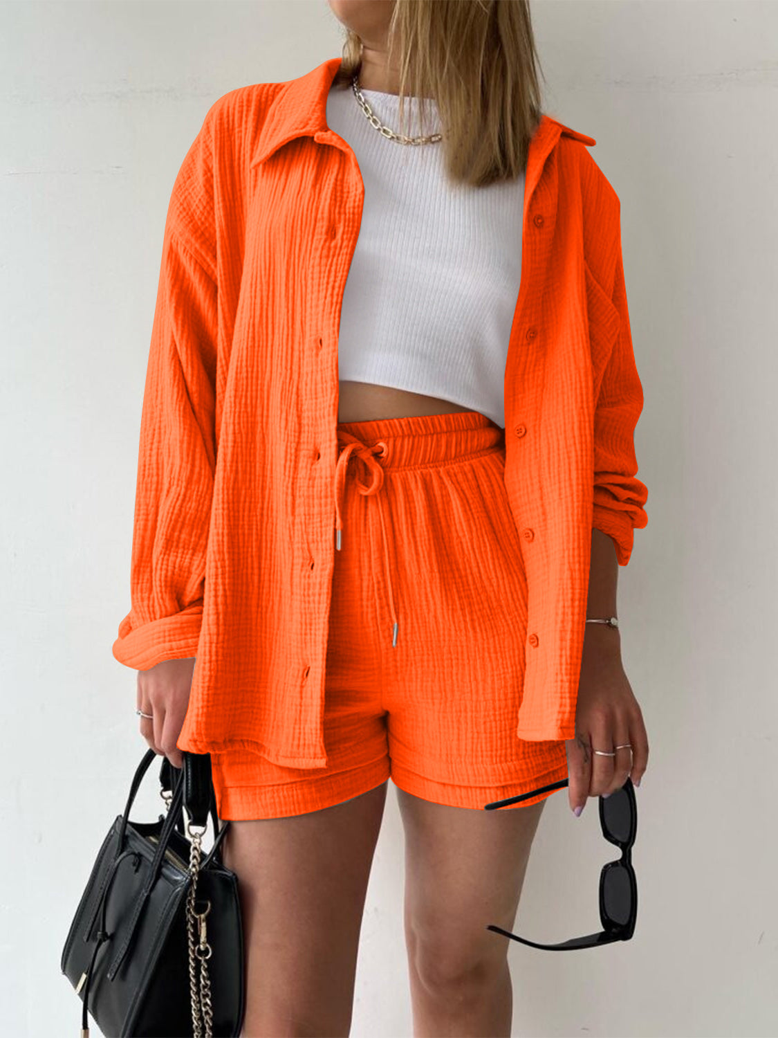 Texture Button Up Shirt and Drawstring Shorts Set **available in 11 colors