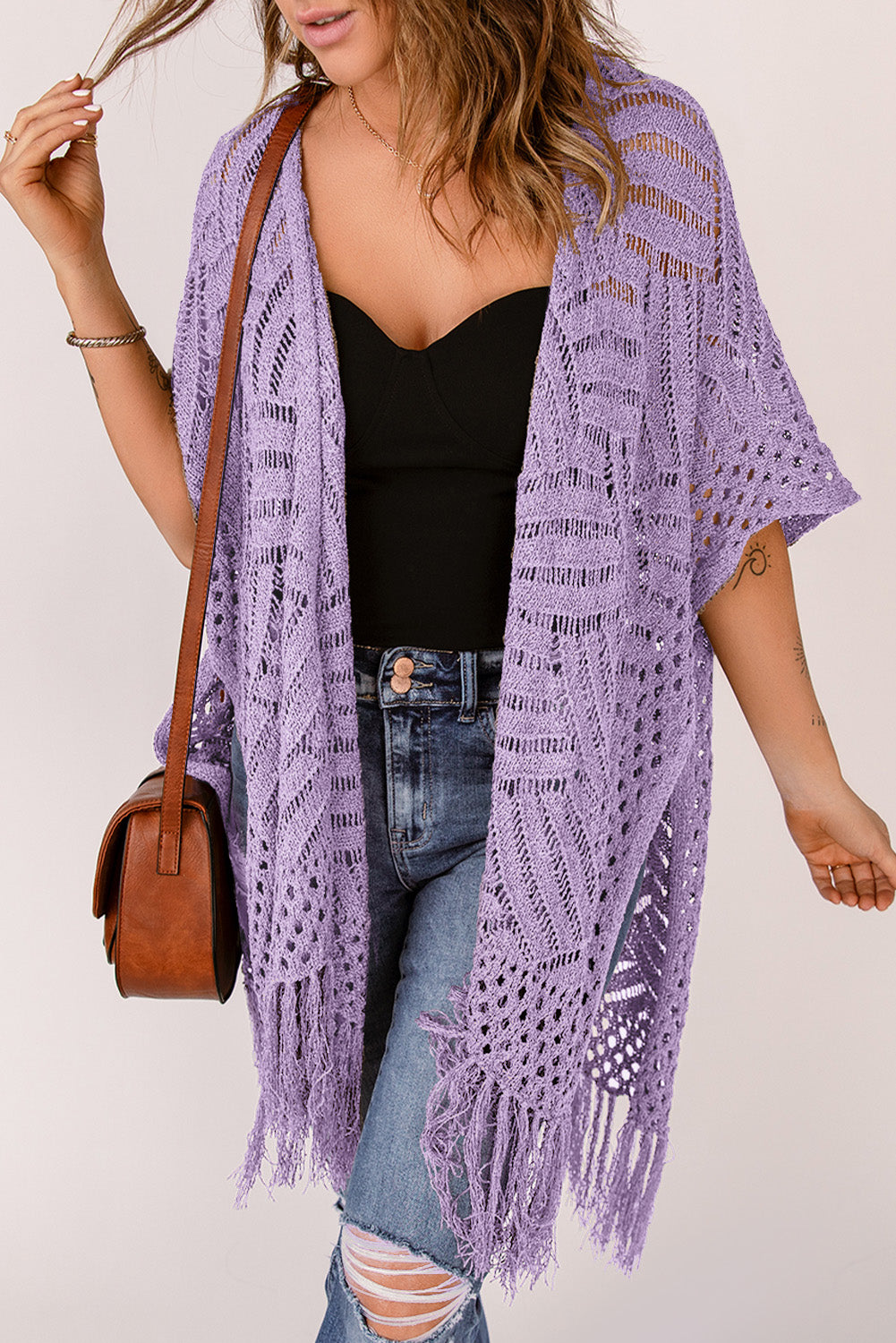 SYNZ Openwork Open Front Cardigan with Fringes **also in light or dark blue, lavender, and dark green