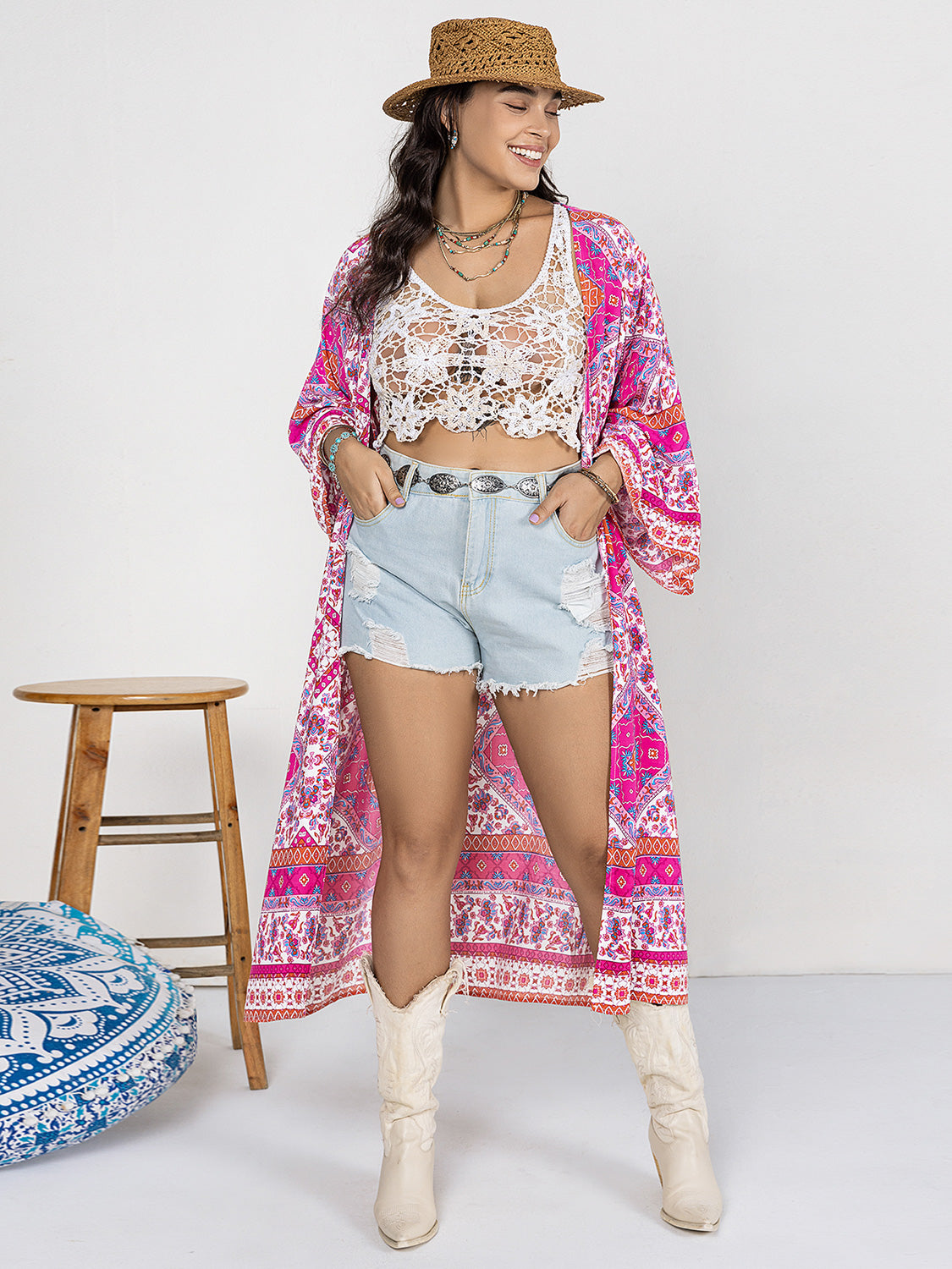 Double Take Plus Size Printed Open Front Longline Kimono **also in yellow and hot pink