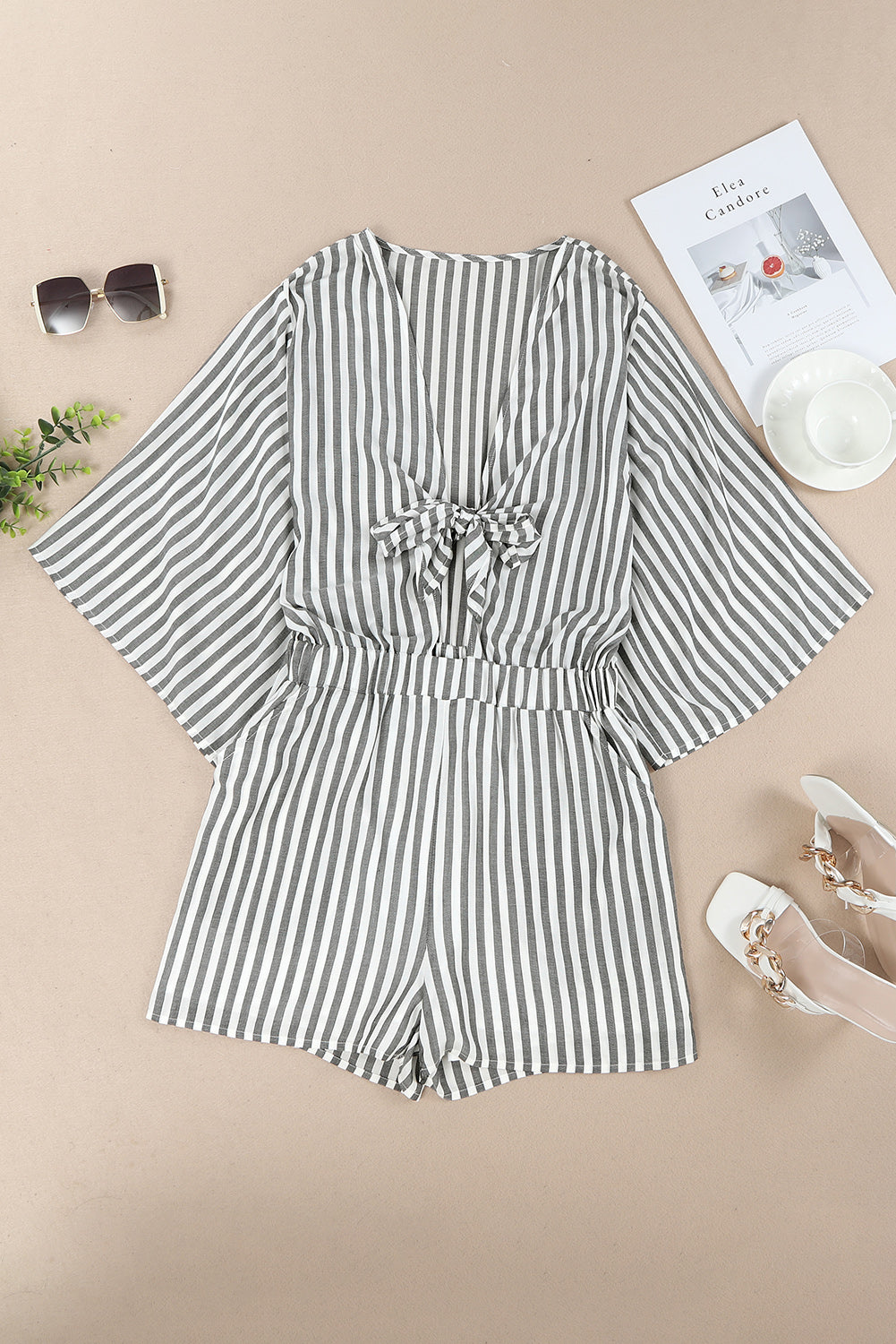 SYNZ Tied Striped Three-Quarter Sleeve Romper