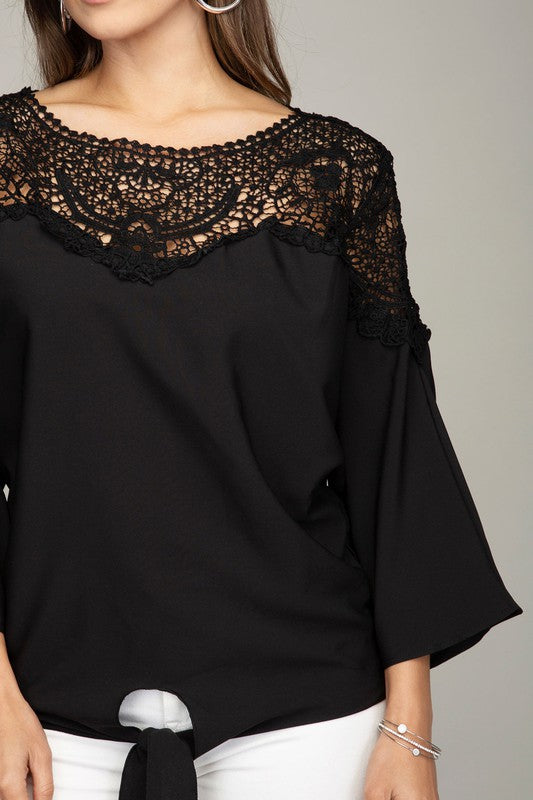 Nuvi Apparel - Lace Yolk Blouse with Tie **also available in black