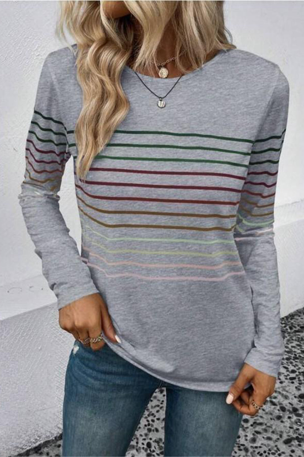 Striped Round Neck Long Sleeve T-Shirt **also in black, green, teal, grey, and burgundy