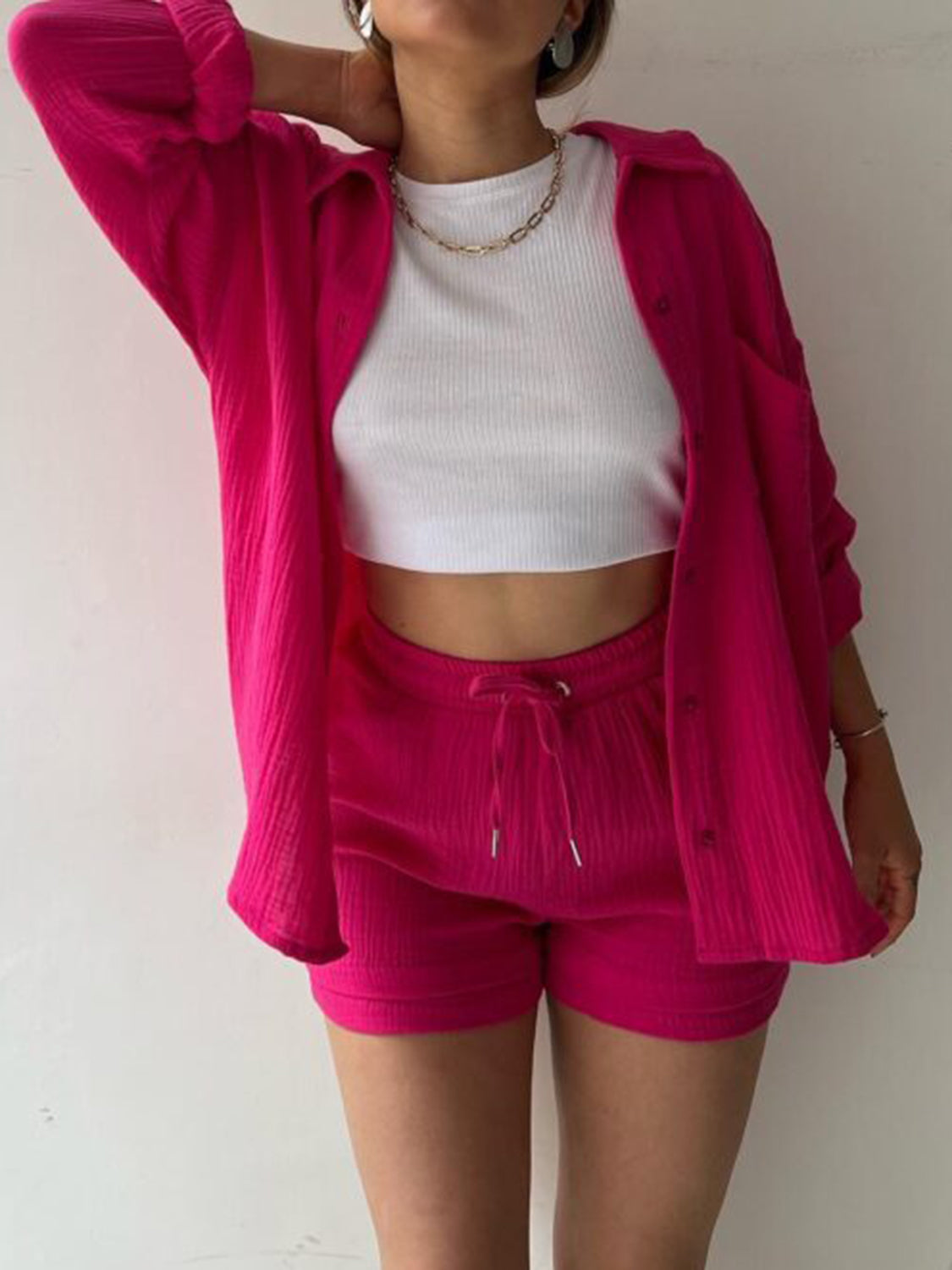 Texture Button Up Shirt and Drawstring Shorts Set **available in 11 colors